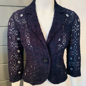 Tabitha Anthropologie Navy Lace Cropped Blazer